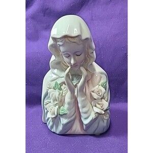 Vintage Virgin Mary Porcelain Bust Figurine Pink Roses Praying Madonna 5 inch